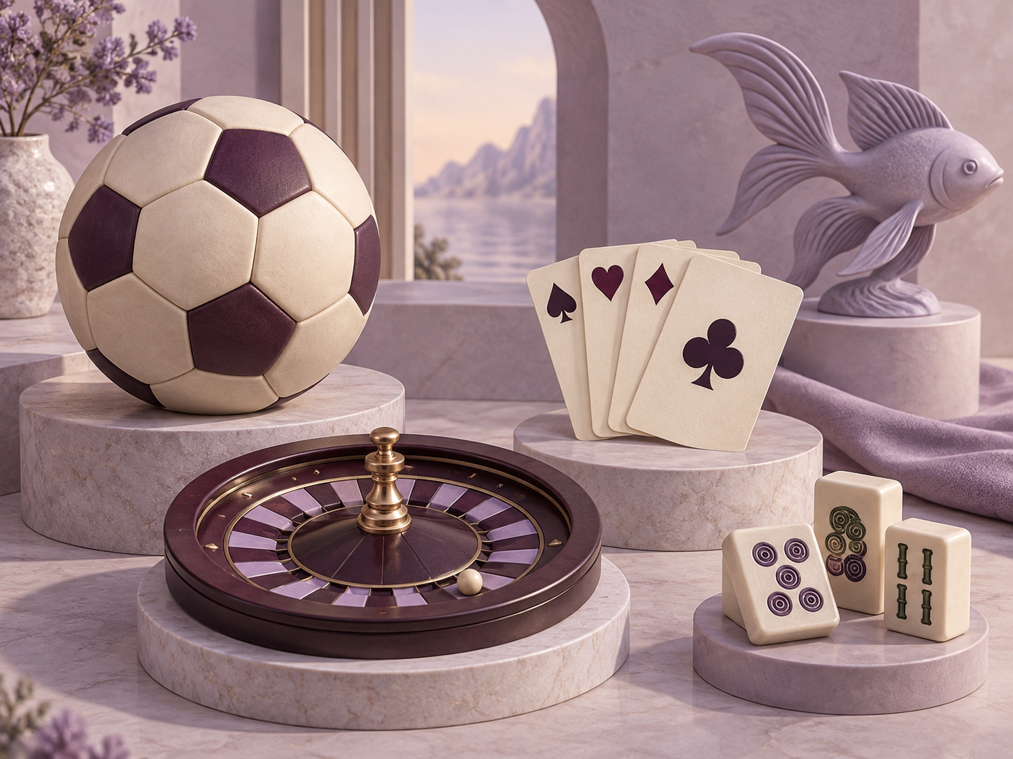 Ilustrasi editorial ragam permainan dengan bola, kartu, dan roda roulette