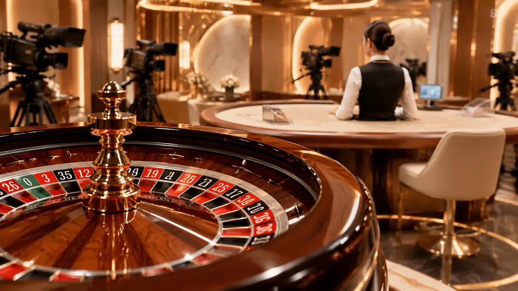 Studio live casino dengan meja roulette dan dealer dewasa dari belakang