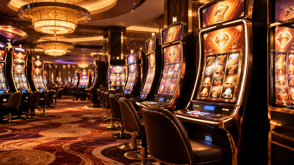 Lantai mesin slot kasino dengan layar berwarna tembaga dan emas