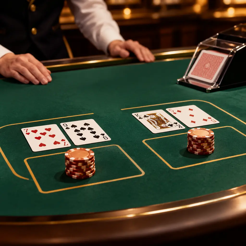 Meja baccarat dengan kartu, sepatu kartu, dan keping tembaga di studio live