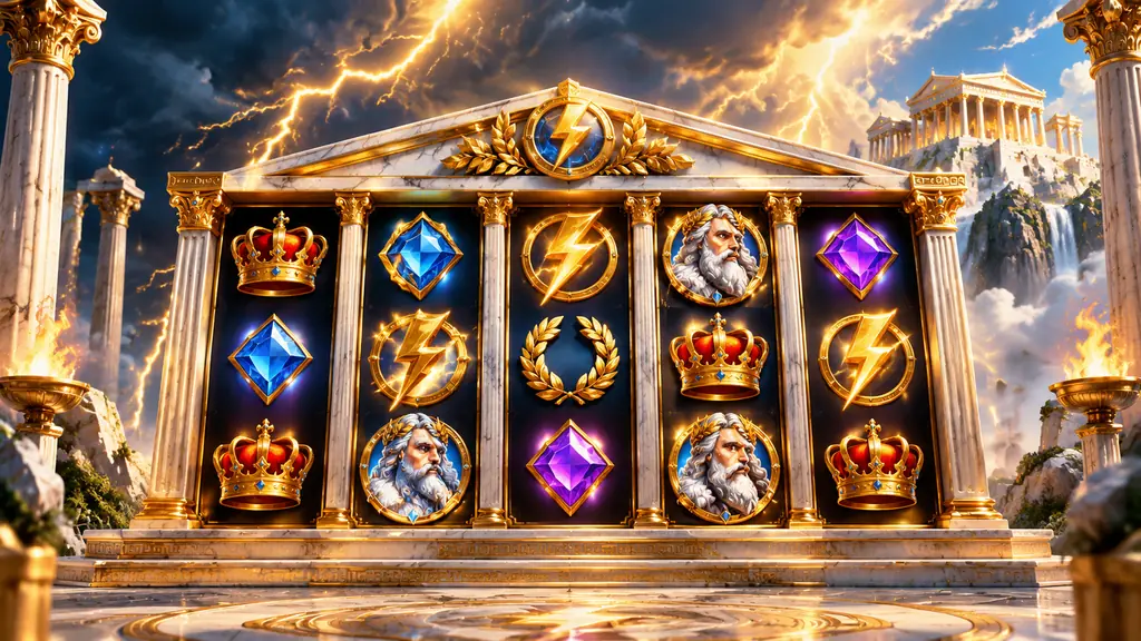 Layar slot bertema Olimpus dengan gulungan batu marmer dan kilat emas