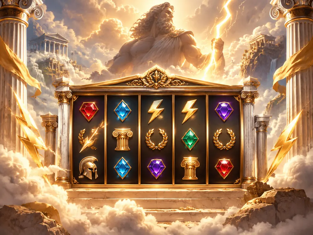 Ilustrasi slot bertema dewa Yunani dengan gulungan, gem dan kilat emas