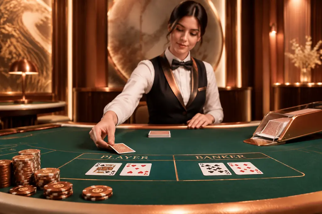 Meja baccarat live casino dengan dealer dewasa dan keping tembaga