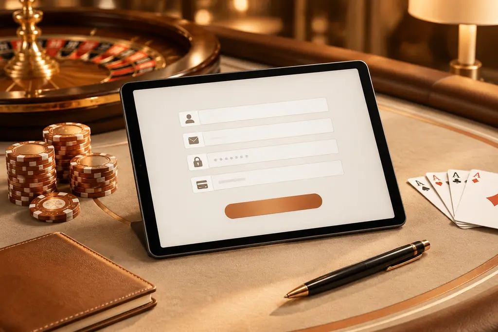 Tablet dengan formulir pendaftaran, keping tembaga, dan kartu di meja kasino