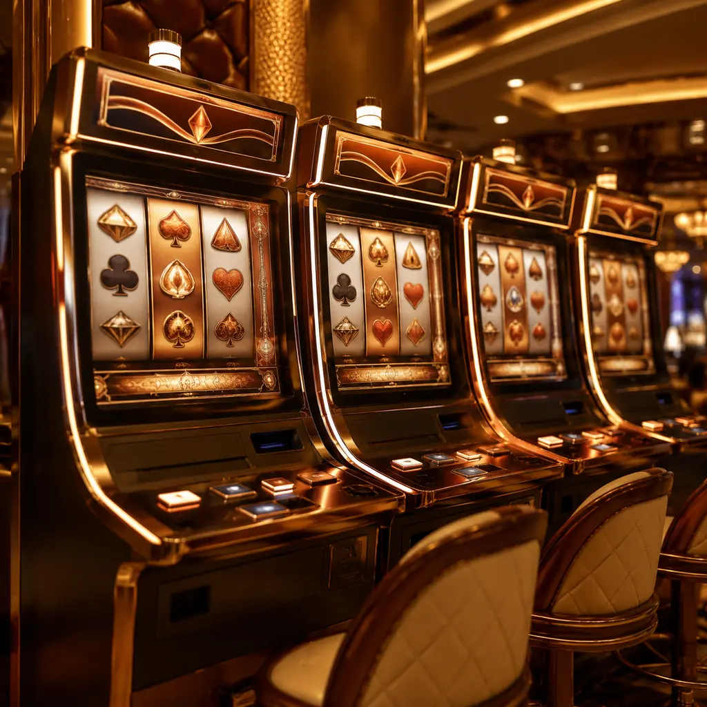 Deretan mesin slot bernuansa tembaga di dalam kasino Luxury777
