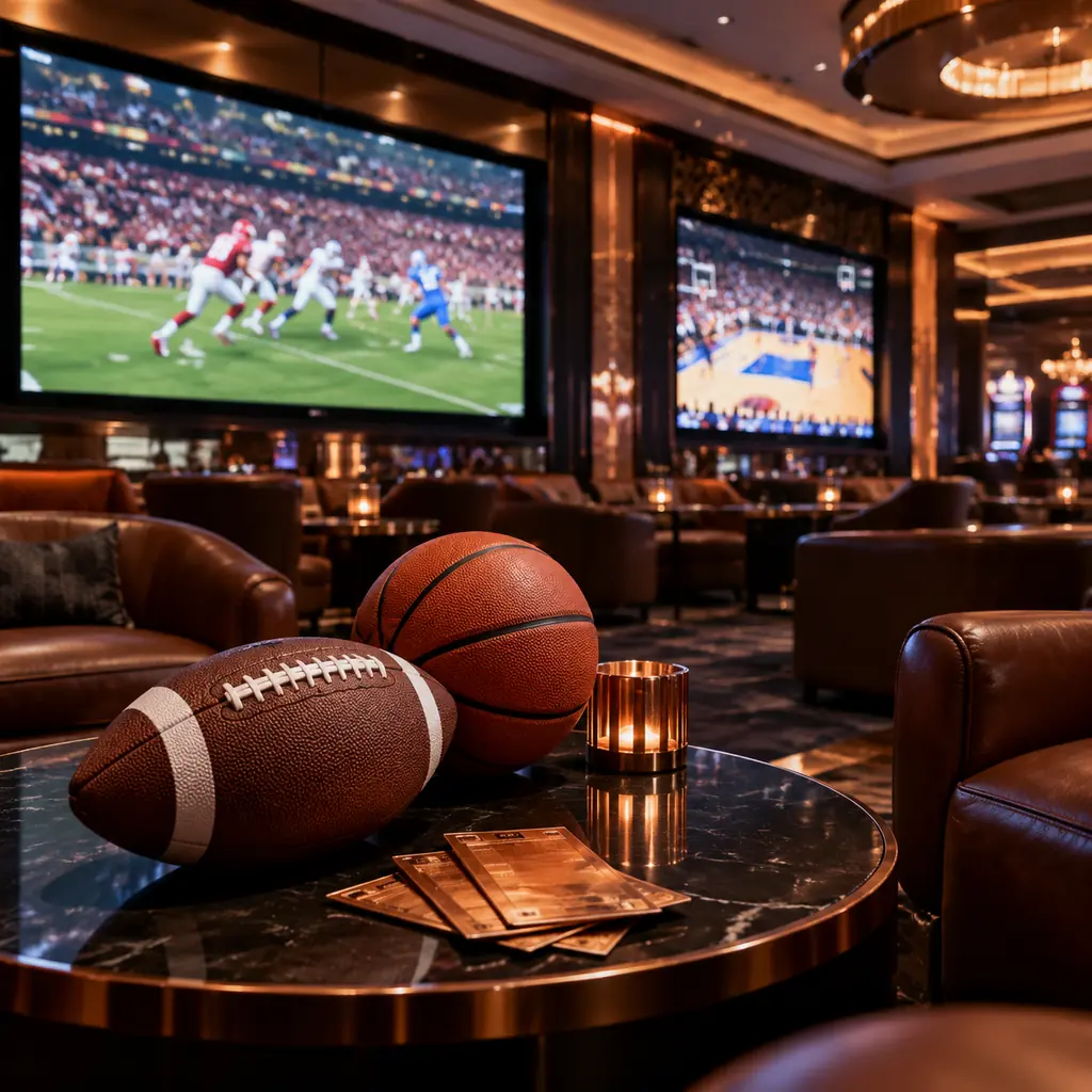 Lounge taruhan olahraga dengan layar pertandingan sepak bola dan bola basket