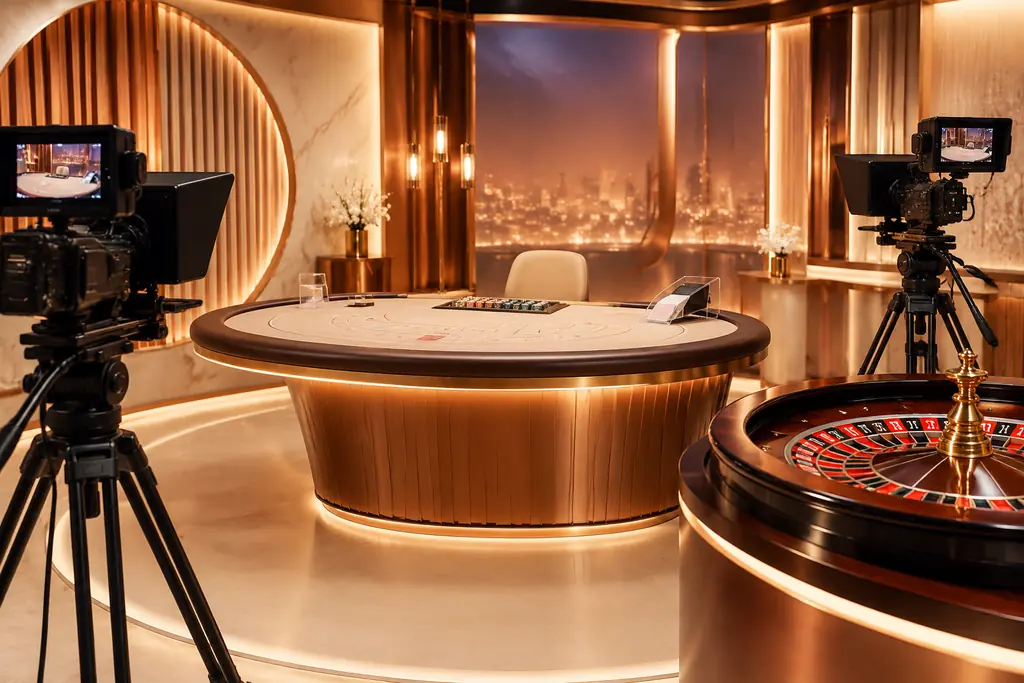 Studio siaran live casino dengan kamera, meja kartu, dan roda roulette