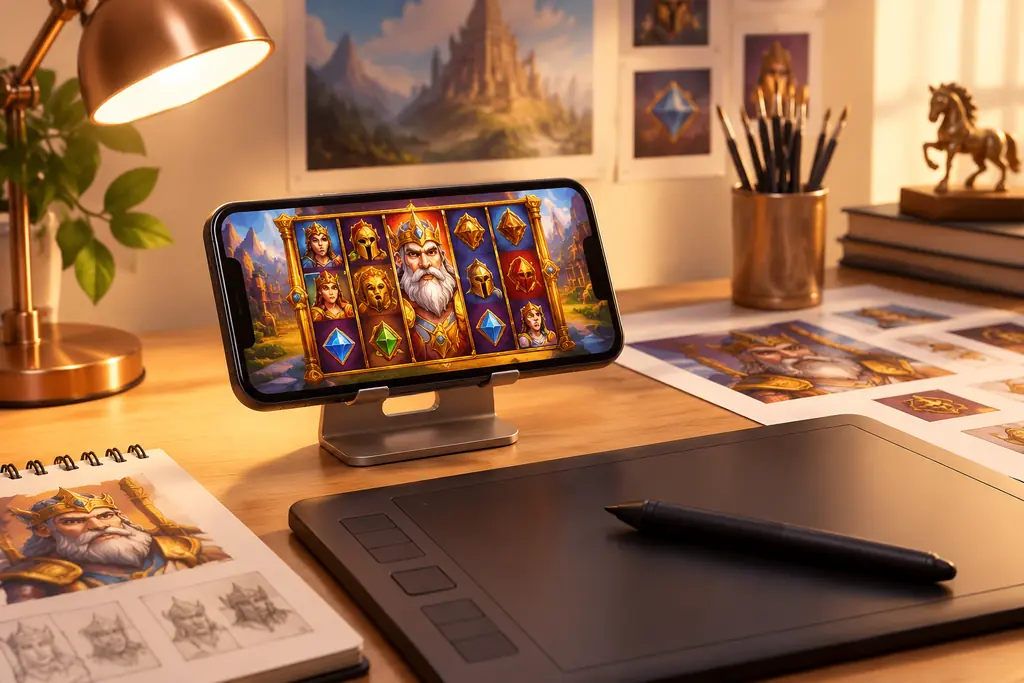 Workstation animasi 3D dengan ponsel menampilkan gulungan slot bergaya sinematik