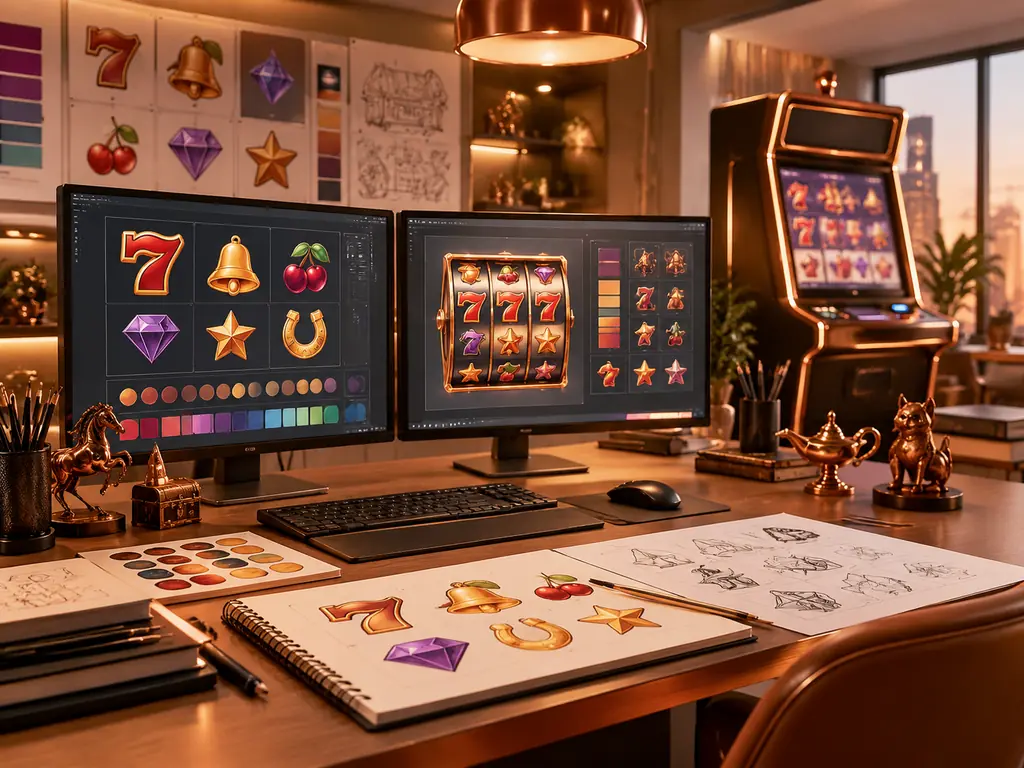 Studio pengembang slot dengan layar konsep simbol dan kabinet permainan